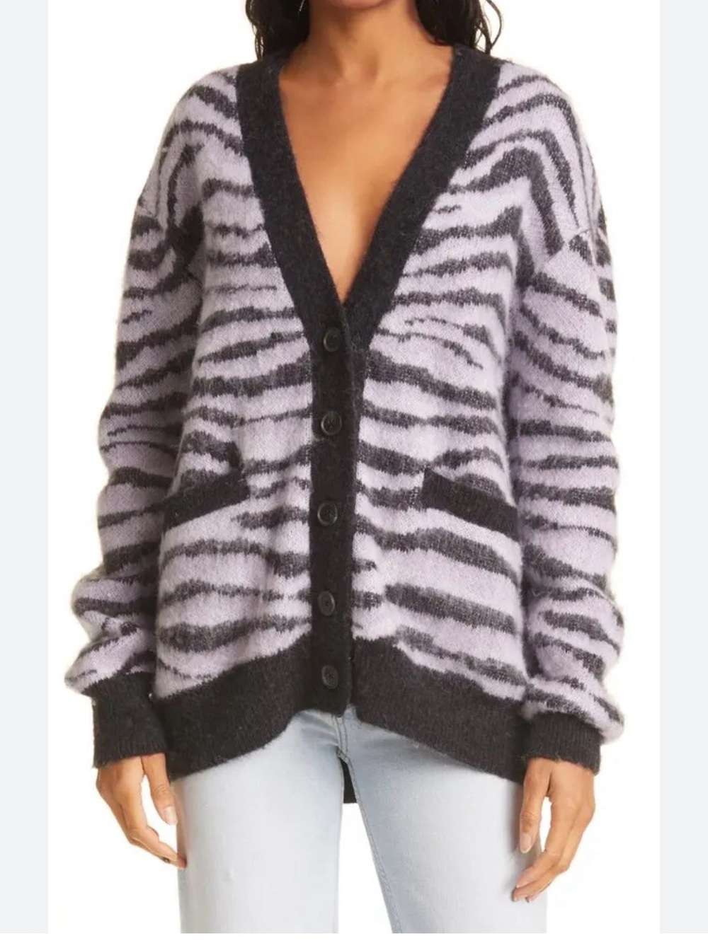 RE/DONE 90s Oversized Cardigan in Tiger Intarsia Black Purple S